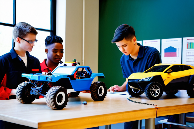 Students using toy vehicles to learn engineering principles in classroom setting