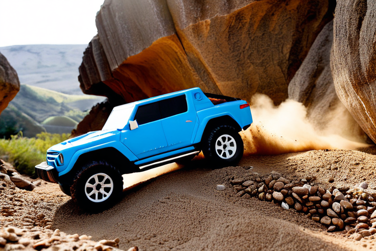 Toy off-road vehicle navigating rocky terrain with precision