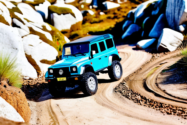Toy off-road vehicle navigating challenging outdoor terrain