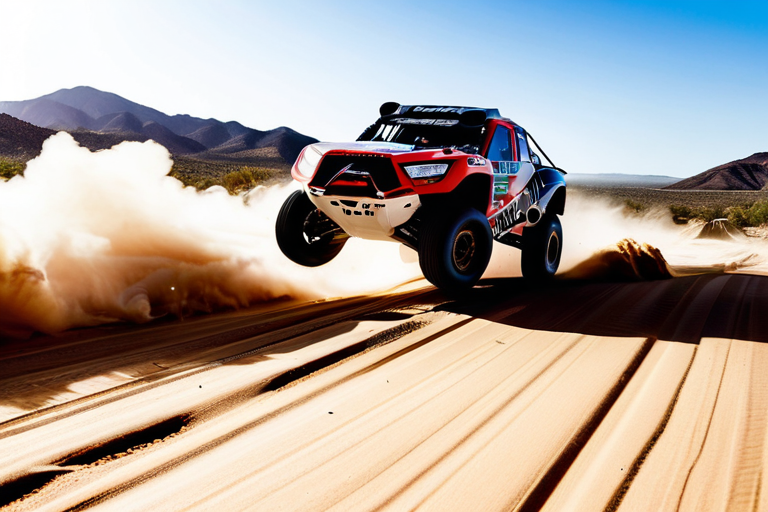 Trophy truck jumping through desert terrain at Baja 1000