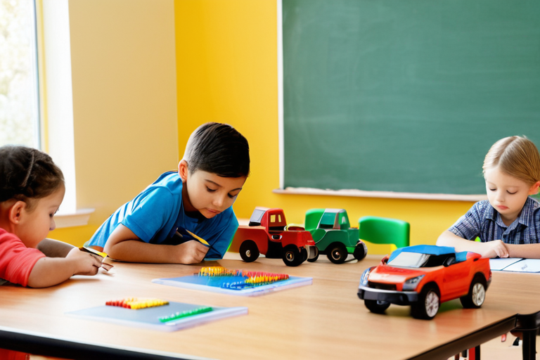 Children experimenting with toy vehicle mechanics in educational setting