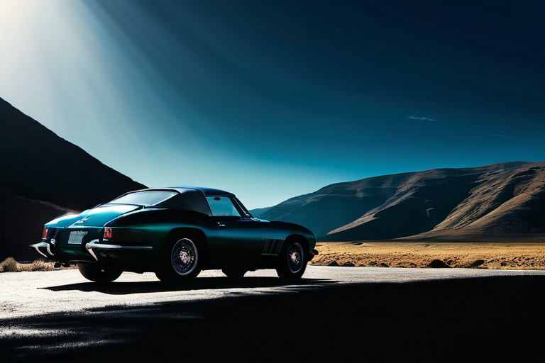 A cinematic shot of a car under dramatic lighting