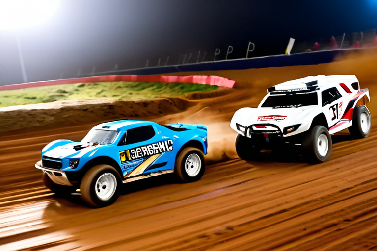 Toy off-road vehicles competing on professional racing track