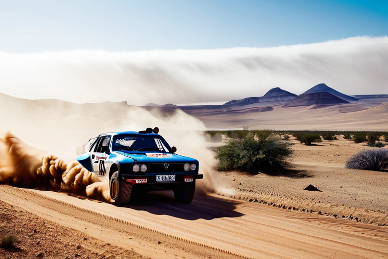 Historical Dakar Rally vehicles in desert setting