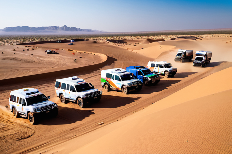 Dakar Rally logistics and support vehicles in desert landscape