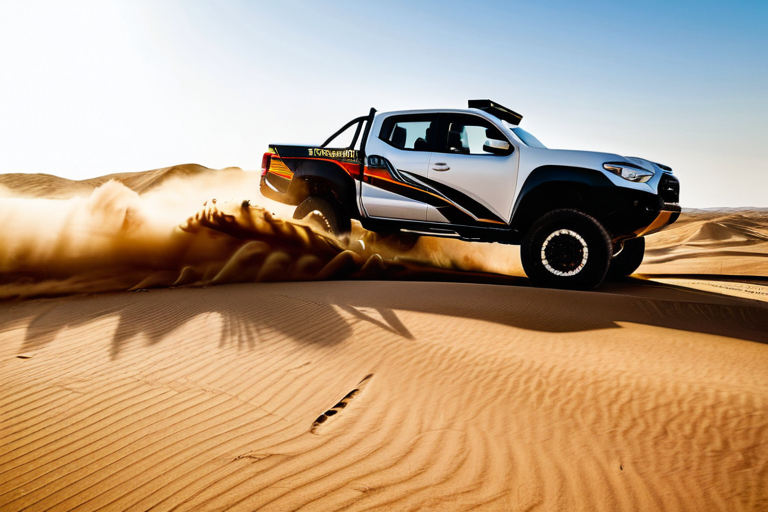 Off-road truck jumping over sand dune during desert race