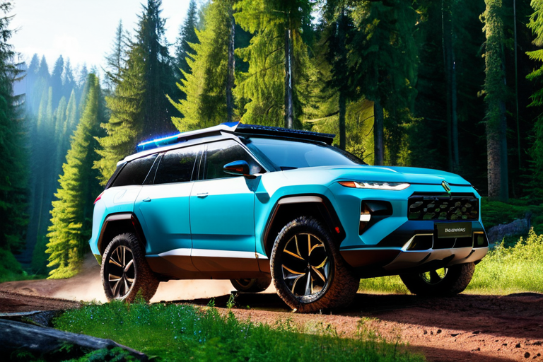 Modern electric off-road SUV with advanced lighting in forest