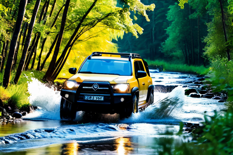 Offroad vehicle crossing water in forest trail