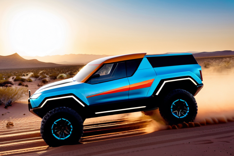 Concept electric off-road vehicle racing through futuristic desert landscape