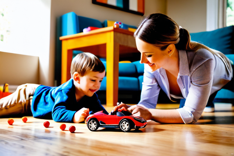 Parent and child playing with toy cars together