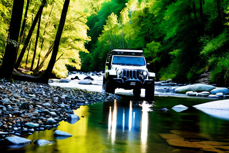 Offroad vehicle crossing scenic creek at Hollerwood Park