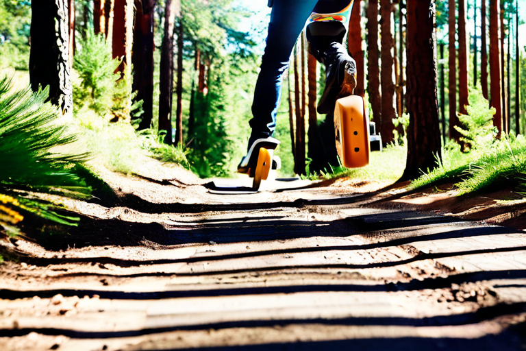 Hoverboard cruising through forest path