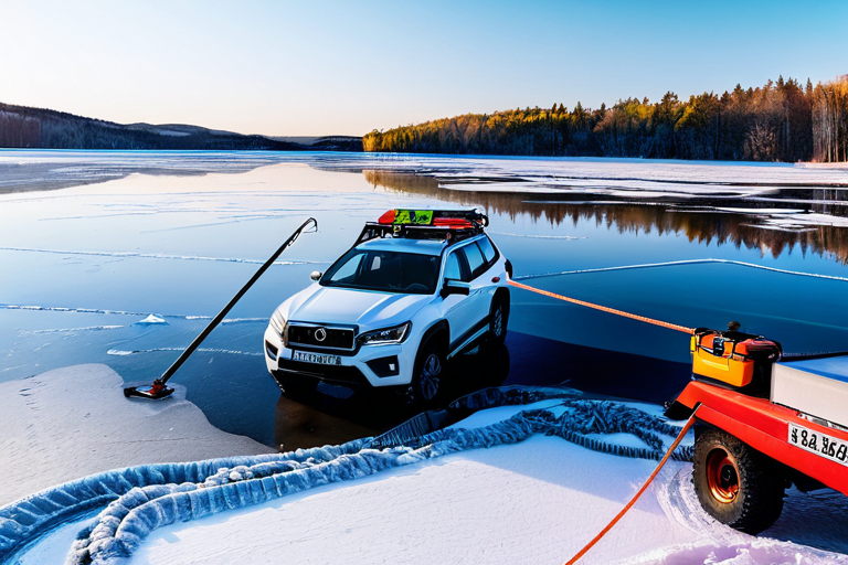 Vehicle recovery operation on frozen lake