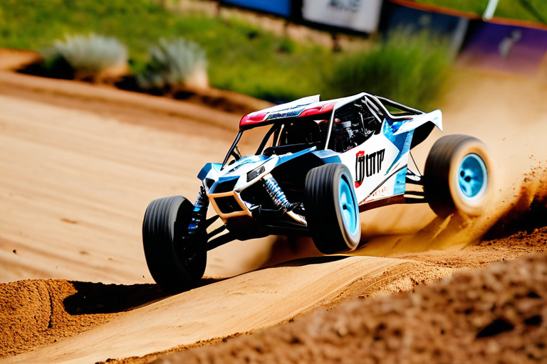Losi 8IGHT RC buggy jumping over dirt mound on track