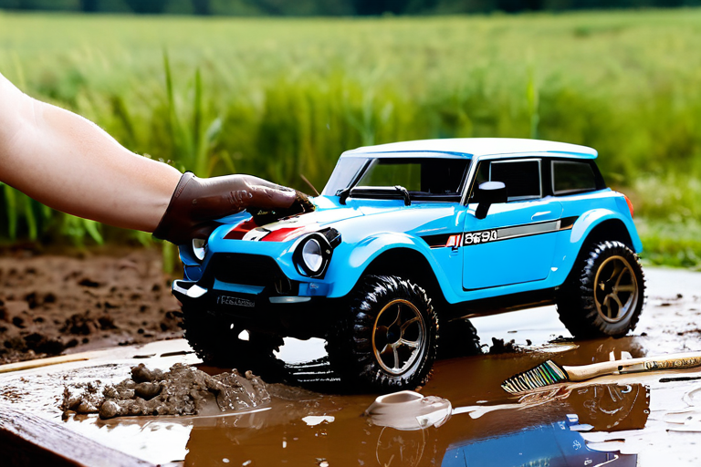 User cleaning and maintaining a toy off-road vehicle after a muddy run