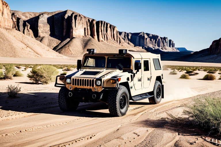 Military HMMWV navigating desert terrain with advanced suspension