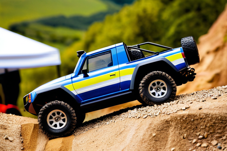 Toy 4x4 vehicle performing technical climb on simulated off-road course