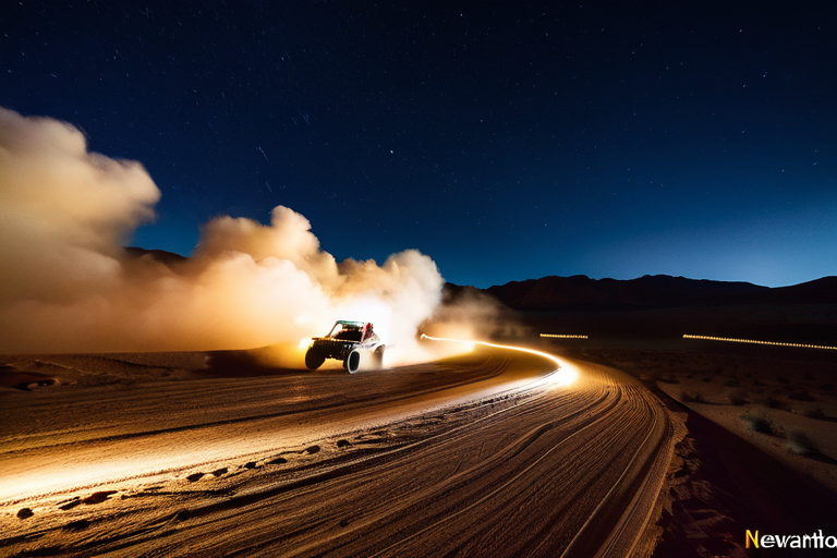 Off-road vehicles racing through desert at night with light bars illuminating the course