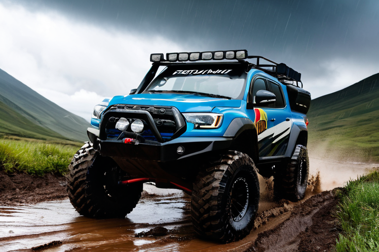 Heavily modified off-road truck in desert environment