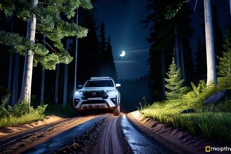 Offroad vehicle adventure at night with headlights
