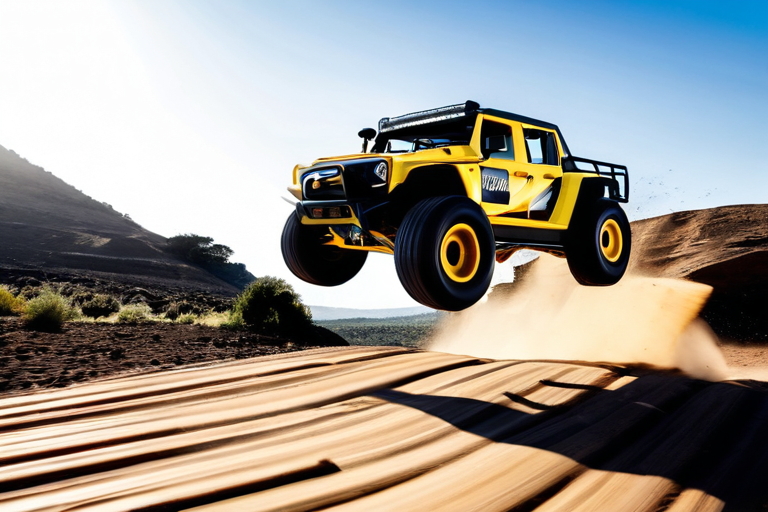 Toy off-road vehicle jumping over obstacle