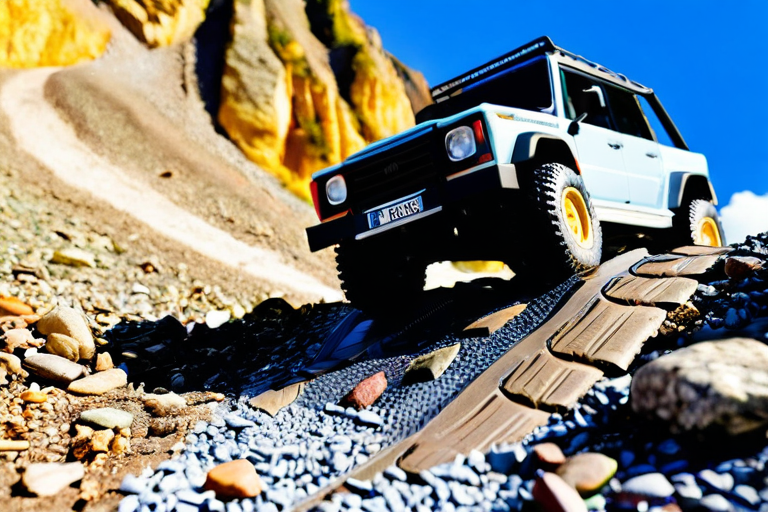 Toy off-road vehicle climbing steep rocky incline