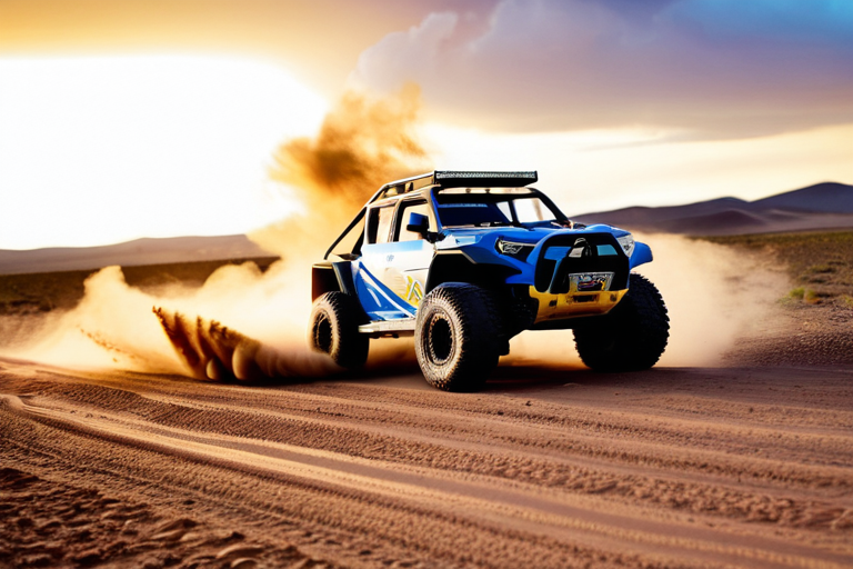 Toy off-road vehicle racing across desert terrain at sunset