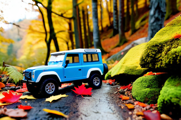 Toy off-road vehicle navigating through forest trail with fallen leaves