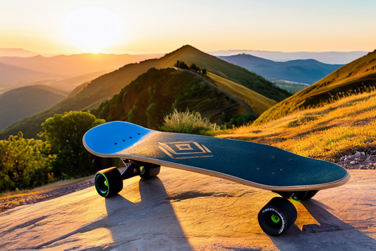 Offroad skateboard parked on a mountain ridge with scenic view