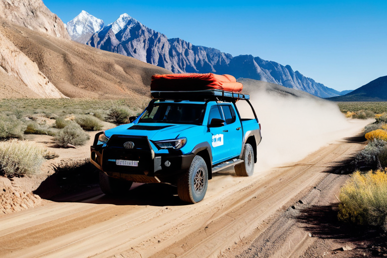 Off-road truck navigating a dusty summer trail with recovery gear visible