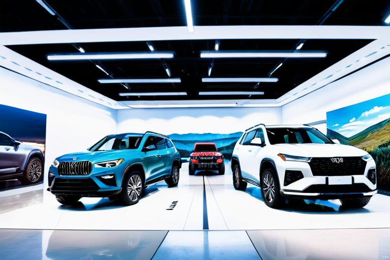 Showroom display of modern off-road vehicles