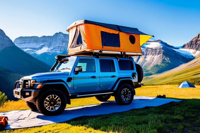 Fully equipped overland vehicle with rooftop tent in wilderness setting