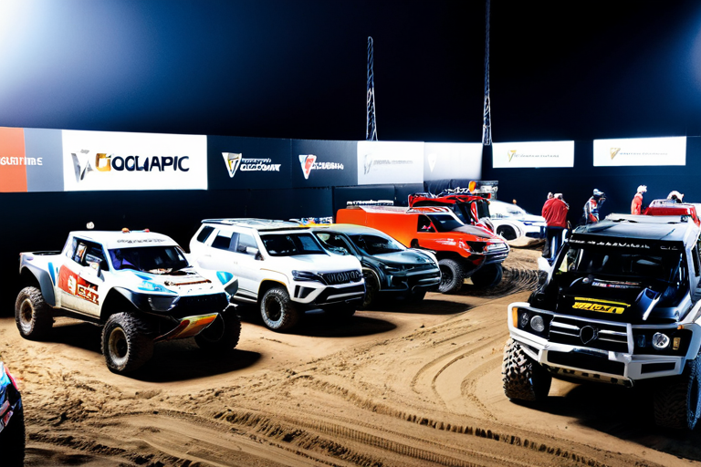 Busy pit area during off-road race with mechanics working on vehicles