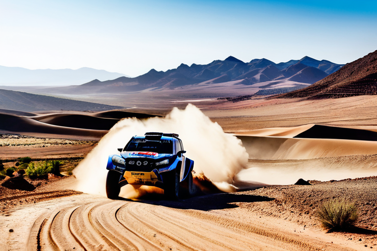 Rally raid vehicle navigating through Moroccan desert landscape