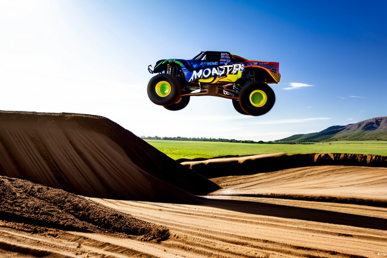 Monster Jam RC car performing a high jump with dirt flying