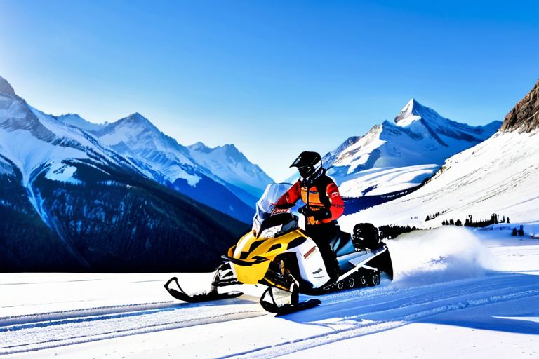 RC snowmobile against a snowy mountain backdrop