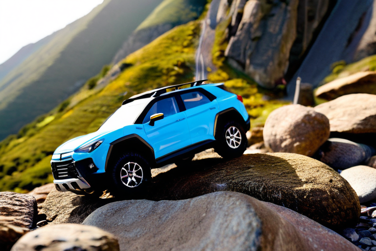 Toy off-road vehicle navigating challenging rocky terrain with precision