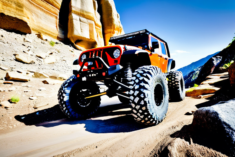 Custom rock crawler vehicle climbing steep rock formation