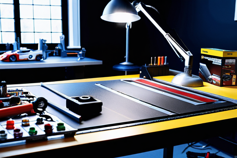 Detailed workshop with slot cars being customized and maintained