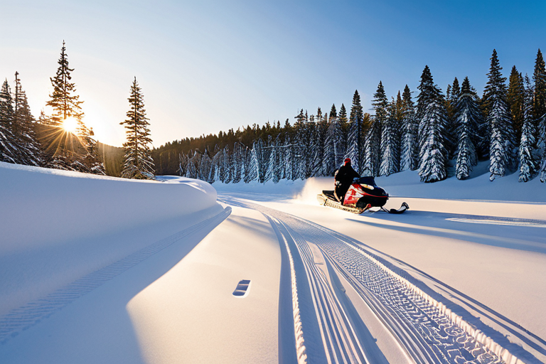 RC snowmobile creating tracks in fresh snow