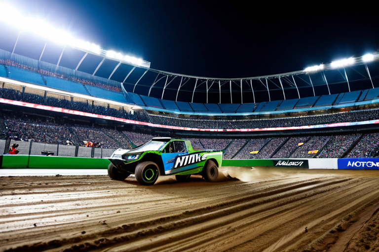 Pro 4 truck catching massive air over stadium jump with crowd in background