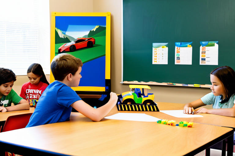 STEM classroom activity with students designing obstacle courses for toy vehicles