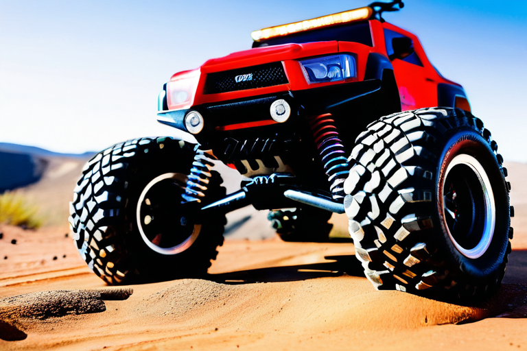 Detailed view of multi-link suspension system on toy off-road vehicle