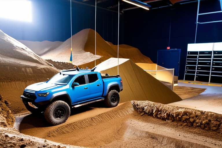 Toy vehicle undergoing controlled terrain testing in laboratory setting