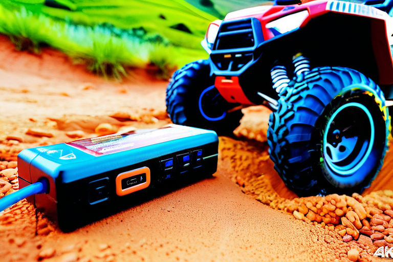 Inside an RC toy off-road vehicle showing receiver, servos, and battery