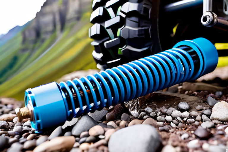 Close-up of toy off-road vehicle suspension spring and shock absorber
