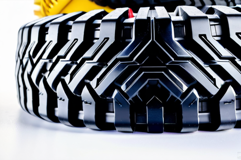 Close-up of a toy off-road tire with deep V-shaped tread lugs and soft rubber compound
