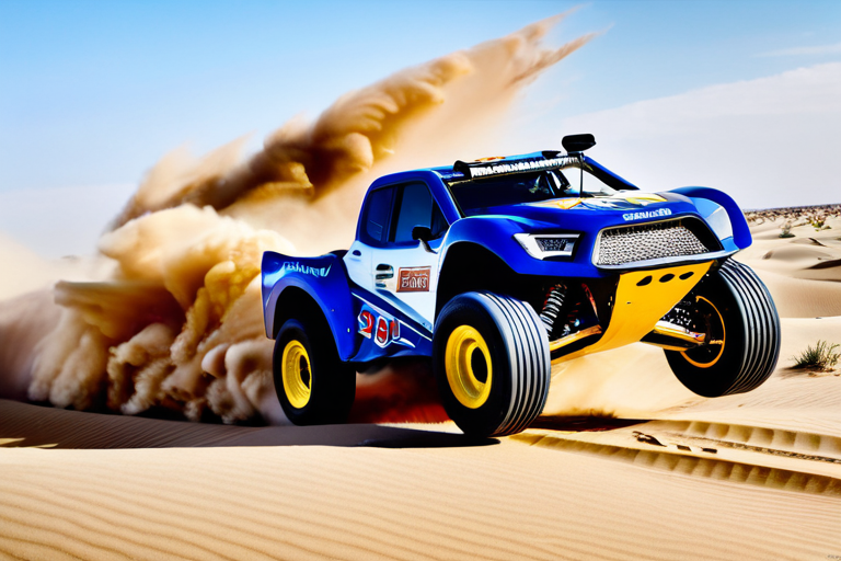 High-speed trophy truck racing through desert dunes