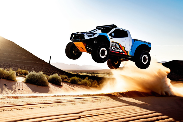 Massive trophy truck catching air over desert whoops