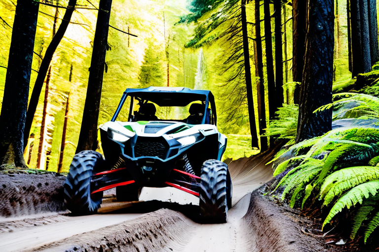 Side-by-side UTV navigating narrow forest trail